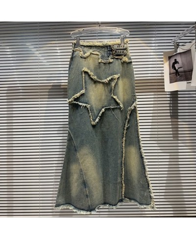 2023 Summer New Five-Pointed Star Frayed Pattern Washed and Worn Fishtail Denim Skirt for Women Long Jean Skirts $74.37 - Skirts