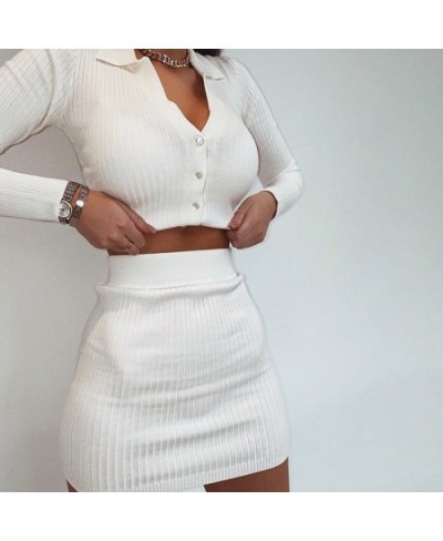 Sexy Two Piece Set 2023 Autumn Knitted Button Long Sleeve Crop Top+Mini Bodycon Skirts Casual Women Party Tracksuits Outfits ...