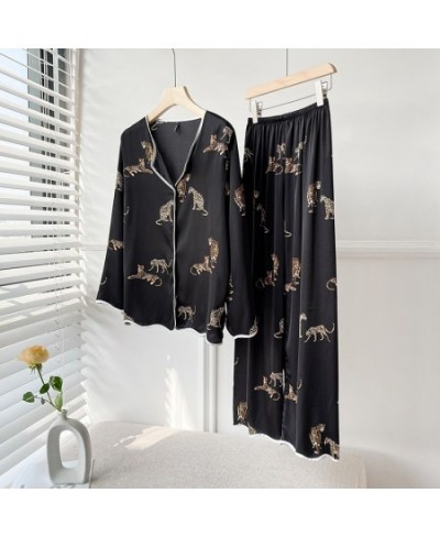 Leopard Print Women Pajama Set Ice Silk Long Sleeve Suit Pyjamas $38.47 - Sleepwears
