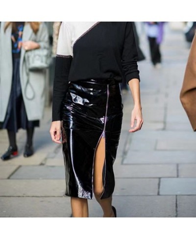 Shiny Patent Leather Midi Skirts Women Side Split Full Zip PU Leather Skirts Ladies High Waist Slim Bodycon Skirts Custom $50...