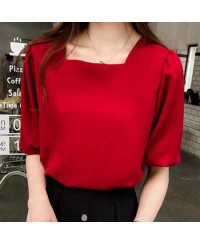 Summer Red Chiffon Blouse Women Casual Solid Color Basic Shirt Fashion Square Collar Lantern Sleeve Tops $25.86 - Blouses & S...