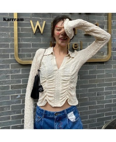 Karrram Ruched Crop Top Shirt Korean Blouse Women Long Sleeve Zipper Up Collared Beige Tunics Ladies Top Spring 2022 Fashion ...