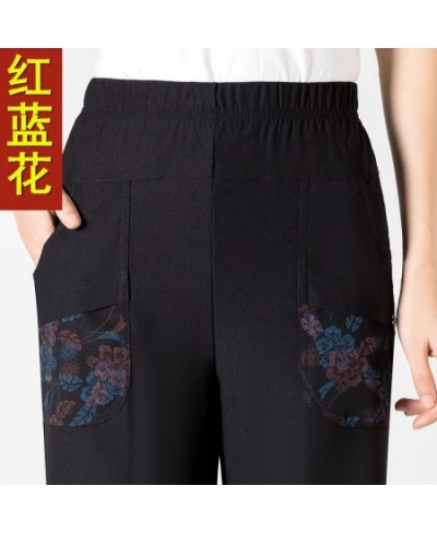8XL Extra Large Middle-Aged Women Summer Pants Casual Elastic Waist Pencil Calf Length Pants Printed Pocket Black Grandma Pan...