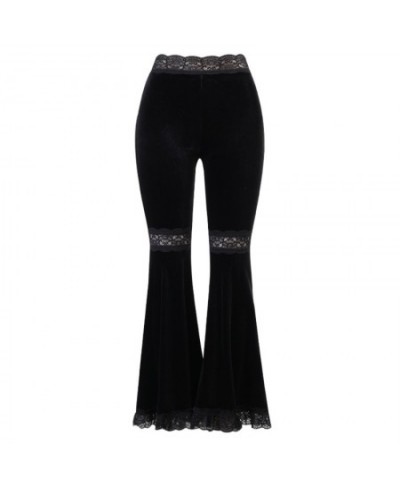 Women Gothic Punk Black Velvet Flare Pants Harajuku Sexy Hollow Out Lace Patchwork High Waist Skinny Vintage Gypsy Bell Botto...