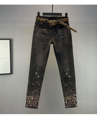 Leopard Rhinestone Jeans Women's 2023 Spring Autumn New Elastic High Waist Slim Fit Black Denim Pencil Pants w2505 $74.95 - J...